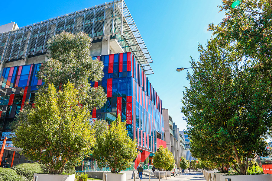 Swinburne University campus building, mid rise with trees in foreground