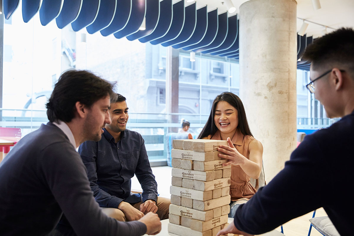 Students playing Jenga