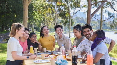 Students enjoying a picnic dinner along the Yarra River, city in the background