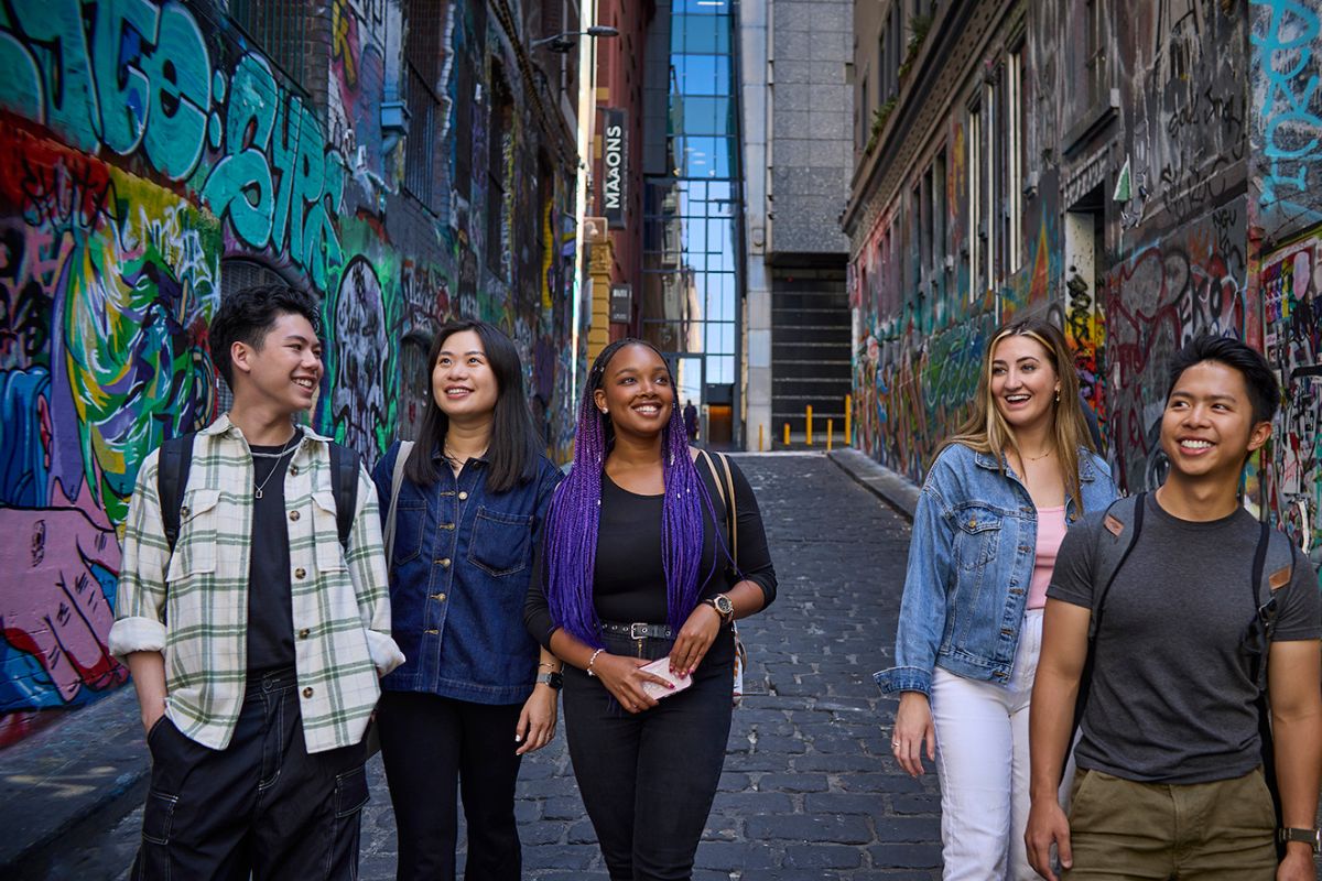 Students enjoying Melbourne laneway art