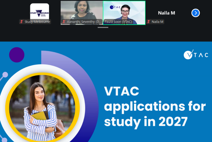 Screenshot of a virtual presentation shows a blue VTAC title slide