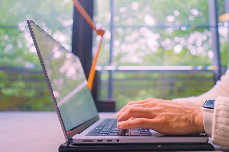 Student working at laptop, windows showing trees outside in background