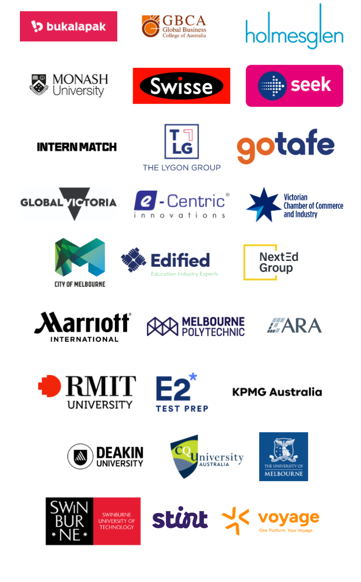 Partner logos including Bukalapak, GBCA, holmesglen, Monash, Swisse, Seek, Internmatch, TLG, gotafe, Global Victoria, E-centric, Victorian Chamber of Commerce and Industry, City of Melbourne, Edified, Next Ed Group, Marriott, Melbourne Polytechnic, ARA, RMIT, E2, KPMG, Deakin, CQU, University of Melbourne, Swinburne and Voyage