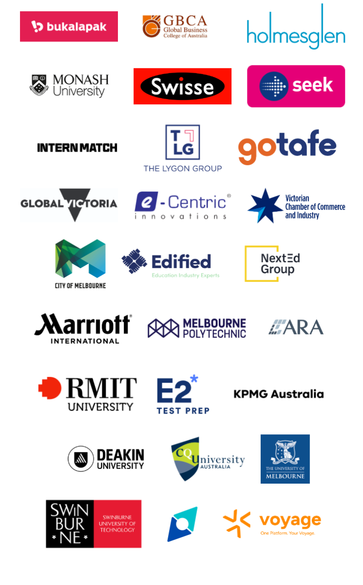 Partner logos including Bukalapak, GBCA, holmesglen, Monash, Swisse, Seek, Internmatch, TLG, gotafe, Global Victoria, E-centric, Victorian Chamber of Commerce and Industry, City of Melbourne, Edified, Next Ed Group, Marriott, Melbourne Polytechnic, ARA, RMIT, E2, KPMG, Deakin, CQU, University of Melbourne, Swinburne and Voyage