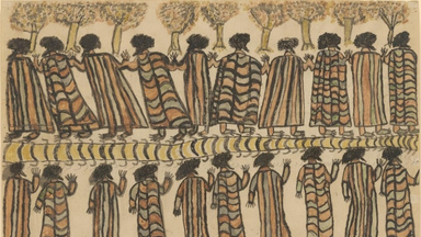 Painting by first nations people, trees and people wearing cloaks