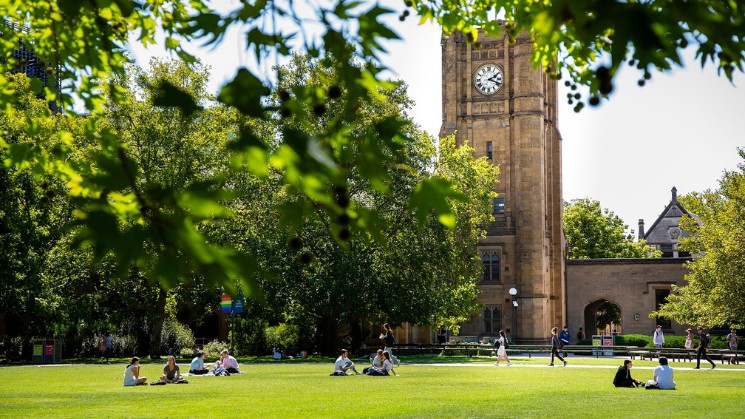 Clock tower and lawns at University of Melbourne