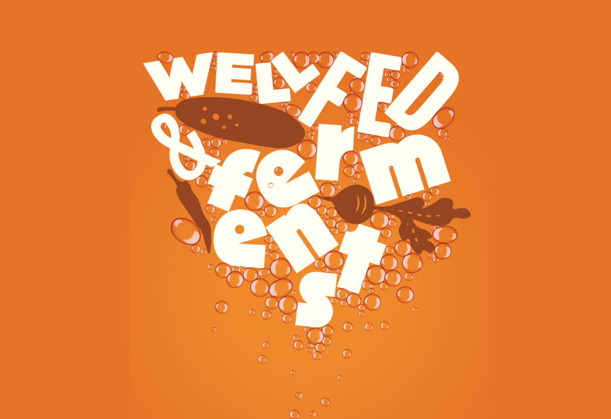 Graphic design with bold white letters with smaller, scattered letters below on an orange background. 