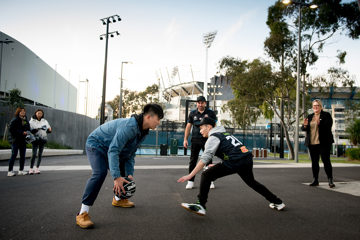 Students playing basketball