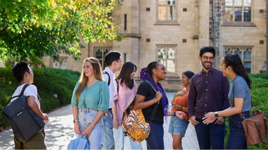 International students mingling on the Melbourne University grounds