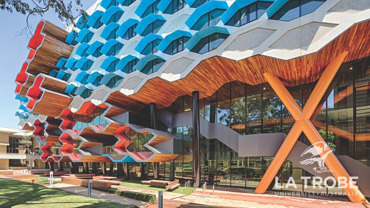 Honeycomb building design of Latrobe university campus. Latrobe University logo overlayed.