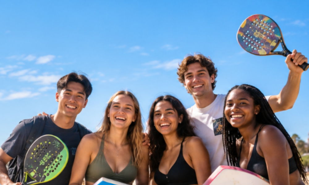 Bright photo shows five young adults with surfboards and racquets.