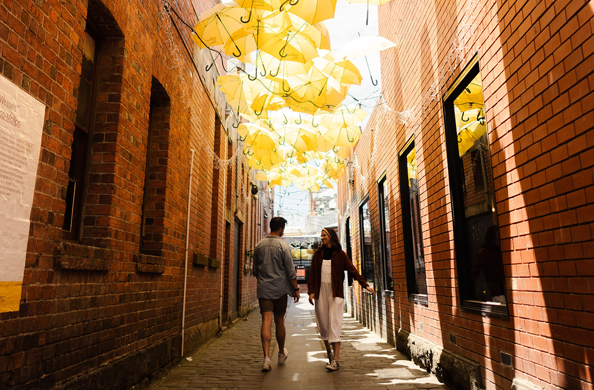 Laneway filled with umbrella artwork